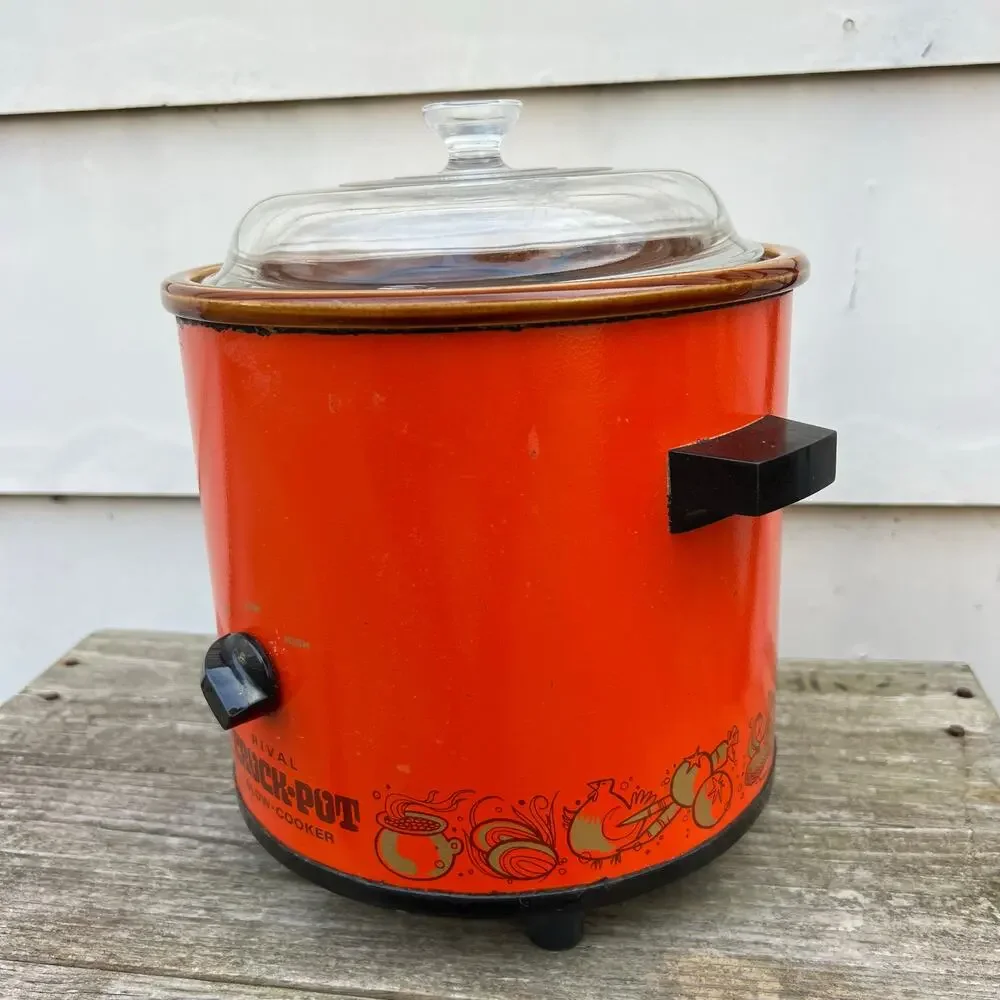 Vintage MCM Rival Crock Pot Slow Cooker Flame Orange Model 3100/2 3.5 Quart